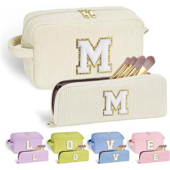 Corduroy Initial Makeup Bag Set Travel Cosmetic Organizer Gift for Teen Girls - Picture 1 of 7